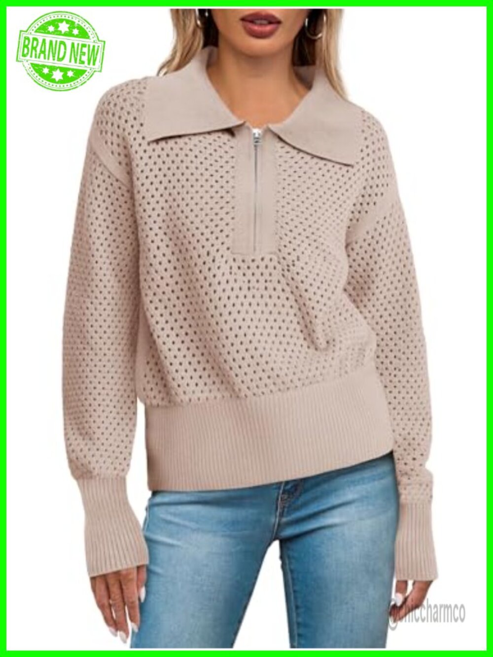 Crochet Knit Half Zip Pullover Sweater Women Long Sleeve